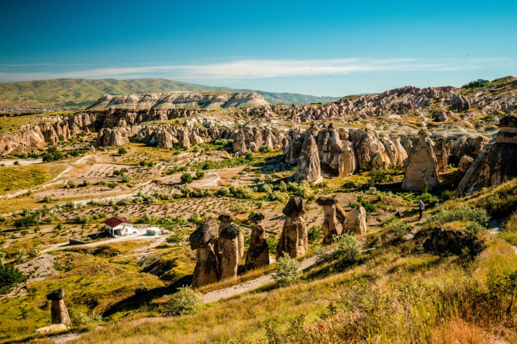 Rock formations and valley landscape in Cappadocia, Türkiye