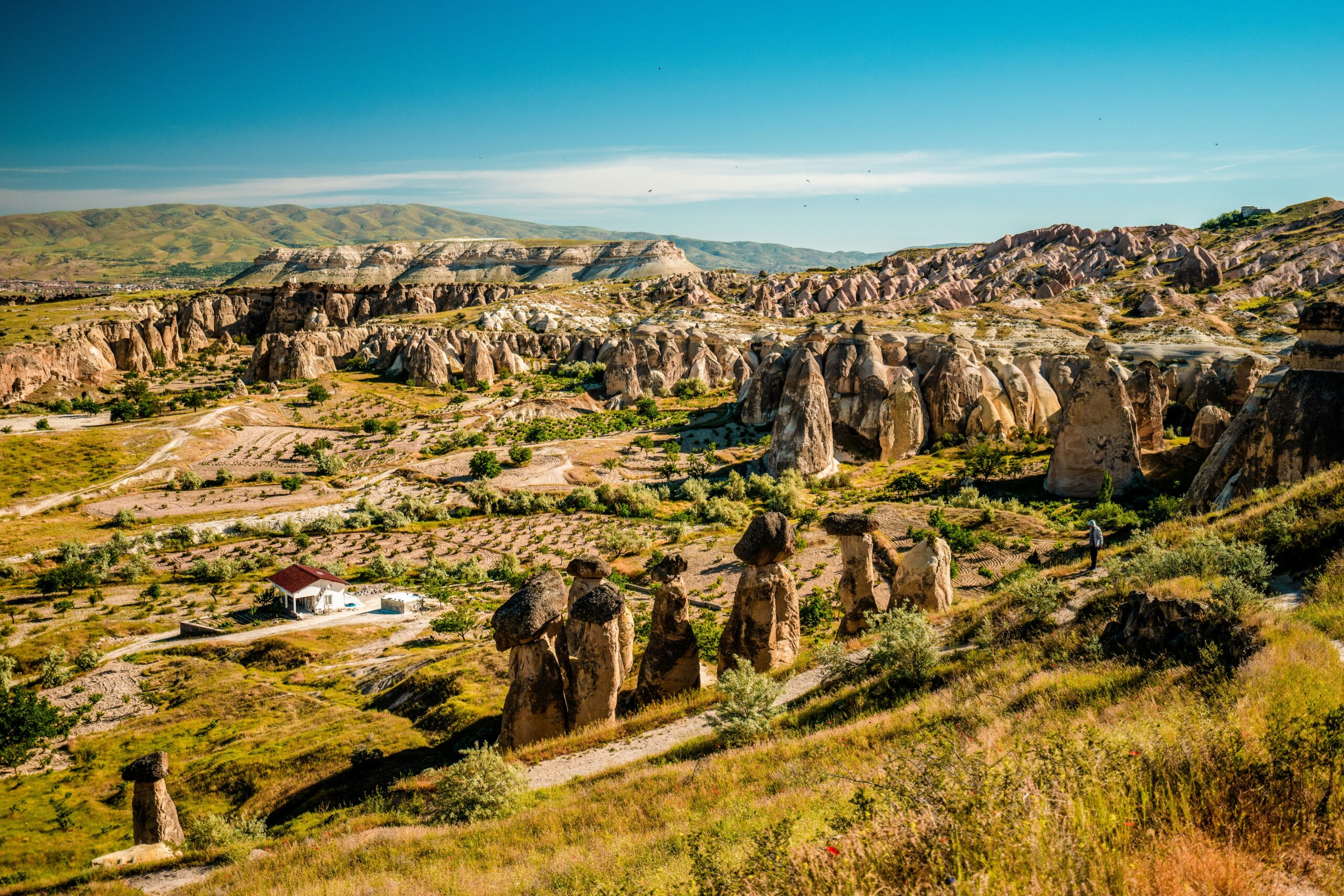 Rock formations and valley landscape in Cappadocia, Türkiye