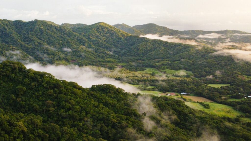 Green Costa Rican mountain ridges with low mist; illustrative regional scenery