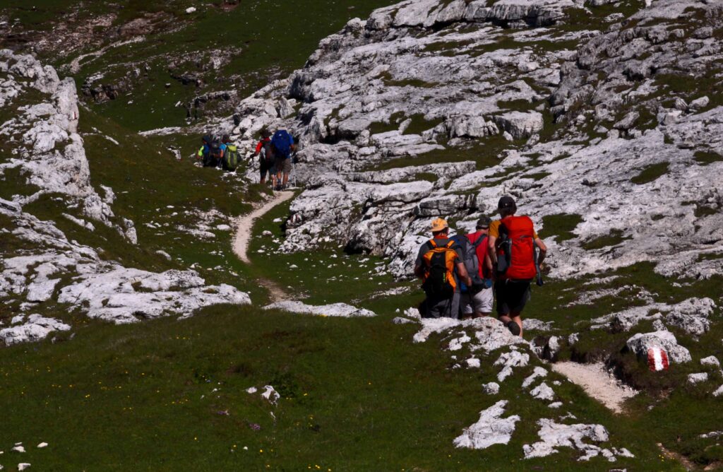 Hikers with backpacks follow a narrow marked path through pale limestone and green grass on the Gardenaccia plateau